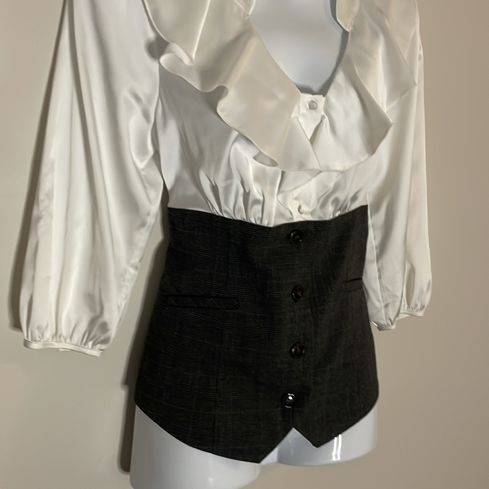 Le Chateau Buttoned White Blouse, Bottom Half Tweed with Faux Pockets